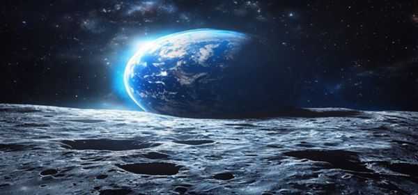 Moon surface with Earth visible in the distance, space photography