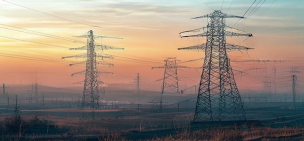 High voltage transmission pylons at sunset, power grid infrastructure
