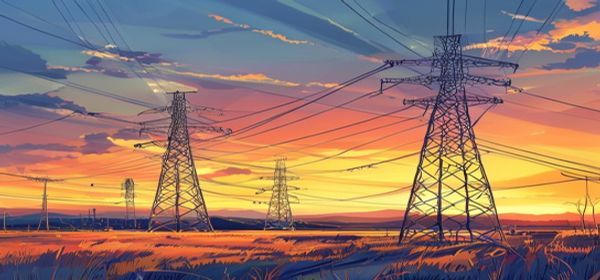 High voltage electricity transmission towers stretching across golden landscape at sunset