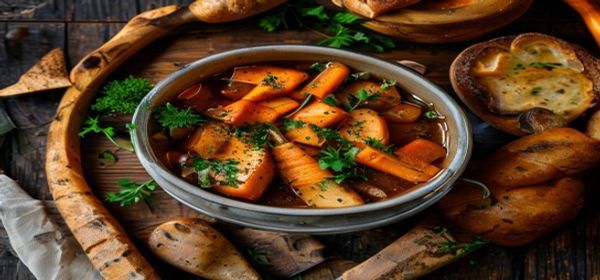 Irish lamb stew in ceramic bowl with carrots, herbs, and crusty bread on wooden table