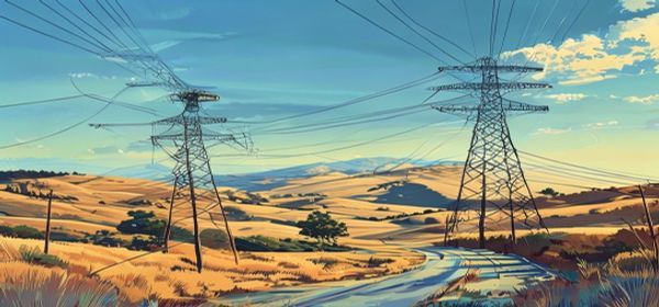 High voltage transmission towers across golden California hills