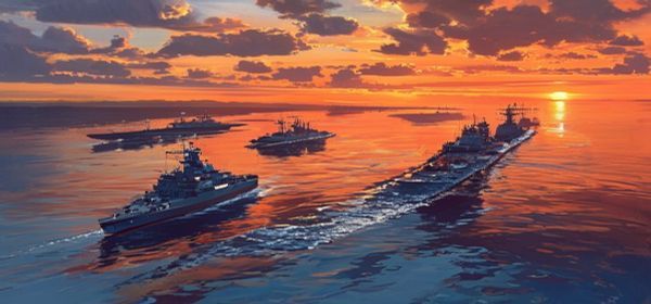 Naval warships in ocean strait at sunset with dramatic orange sky