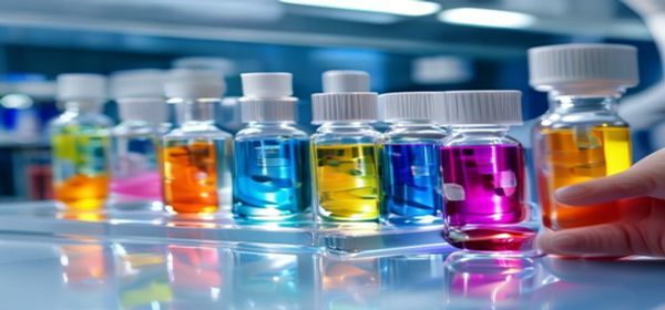 Colorful vaccine vials on laboratory shelf in sterile clinical setting