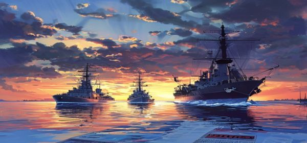 Naval warships in narrow strait at dawn with dramatic sky