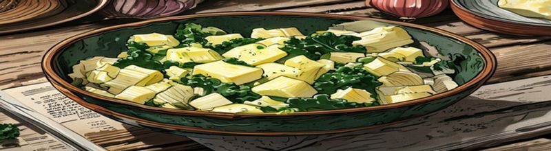 Bowl of colcannon with melting butter, spring onions and kale on wooden table