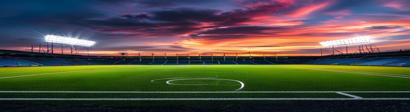 Champions League football stadium floodlights at dusk with empty pitch
