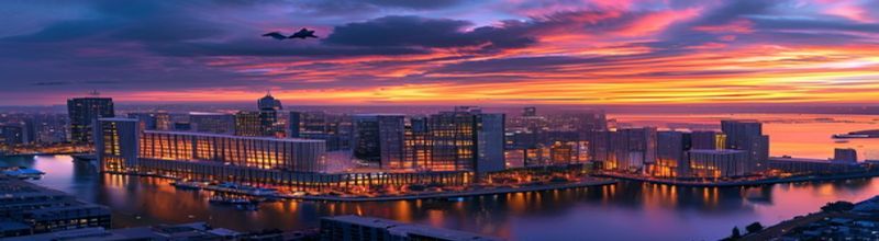 United Nations headquarters at twilight with East River and cargo ships