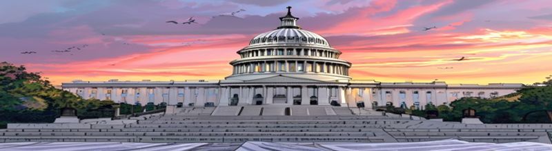 US Capitol dome at dawn with legislative documents on marble steps