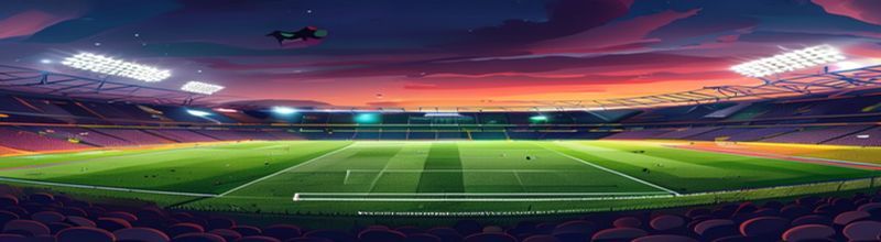 Champions League football stadium floodlights at dusk with corner flag and empty pitch