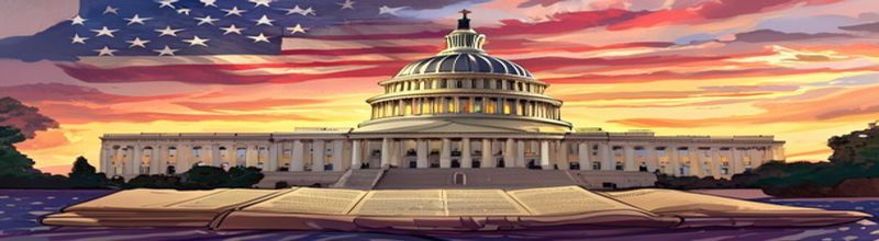 US Capitol dome at dawn with legislative documents on marble steps