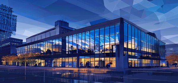 Modern glass-fronted financial-district building at dusk, blue-lit interior, low-poly stylised facets in the upper sky