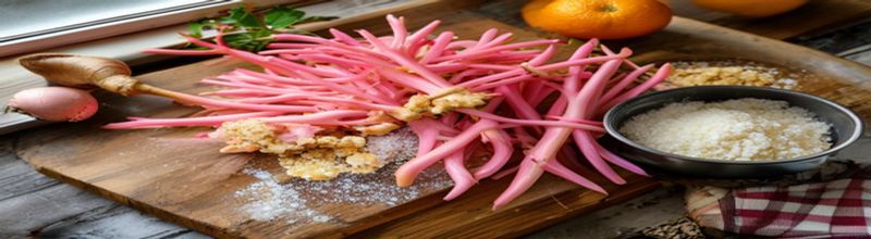 Fresh pink rhubarb stalks on a wooden chopping board with caster sugar, fresh ginger and an orange
