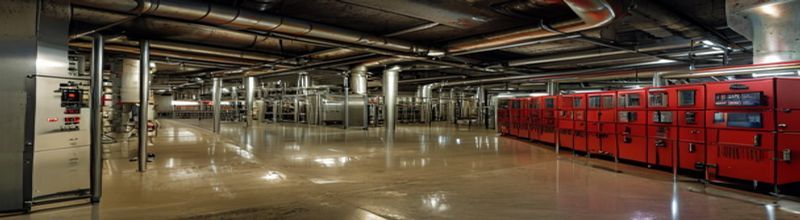 Industrial water-treatment control room with stainless-steel pipework and red programmable logic controller cabinets on a steel rack