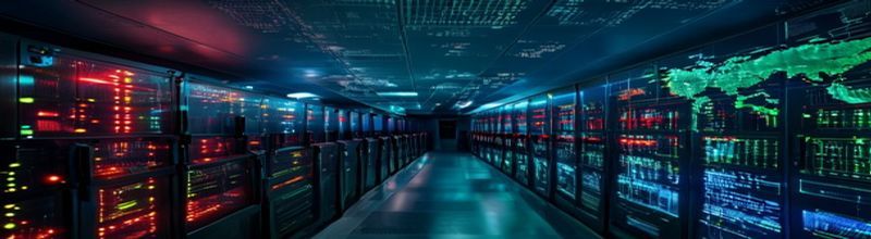 Panoramic view of a darkened network operations centre at night, rows of glowing server racks with red and amber status lights, a large wall-mounted world map on one side displaying pulsing alert dots and network topology graphs, another wall covered in green log terminals, blue ambient lighting