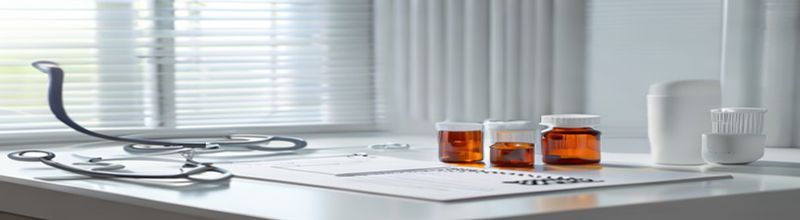 Panoramic still-life of a white clinical desk by a window, arranged with a stethoscope, a laboratory blood-test tube rack holding amber-red samples, a pharmacy-style white pill blister pack, a medical notes chart on clipboard, and a closed medicine bottle labelled in plain grey, soft morning daylight through vertical blinds