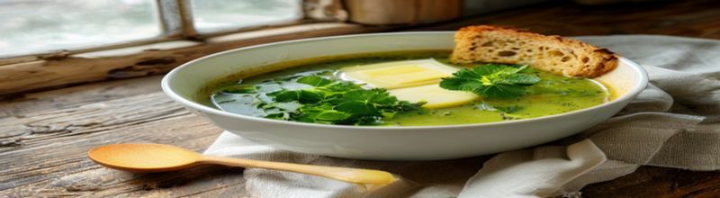Steaming bowl of bright green nettle soup on a rough wooden table beside a basket of freshly picked young nettle tops, a butter dish, a jug of cream and a thick wedge of soda bread