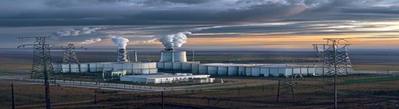 Panoramic aerial view of a large Soviet-era nuclear power plant in eastern Ukraine at dusk, reactor containment buildings with cooling towers emitting white vapour plumes, high-voltage electrical switchyards in foreground with transmission lines, flat agricultural steppe stretching to the horizon, grey overcast sky