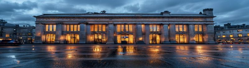 Panoramic view of the Bank of England's Threadneedle Street neoclassical stone facade at dusk with warm interior lights glowing through tall windows, grey London sky, empty rain-slick street in foreground