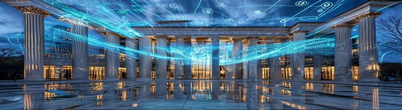 Panoramic view of a modern European central bank building facade in grey stone with tall columns at dusk, glowing blue fibre-optic light threads weaving out of the windows into a cloud of abstract digital tokens and euro symbols, marble floor reflections