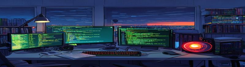 Panoramic view of a quiet developer workspace in the evening, a long desk with two large dark monitors showing green and amber code in terminal windows, a single keyboard lit from beneath in soft blue, an external mechanical disk drive with a red warning LED glowing, neat stacks of technical books on a nearby shelf, subdued desk-lamp light