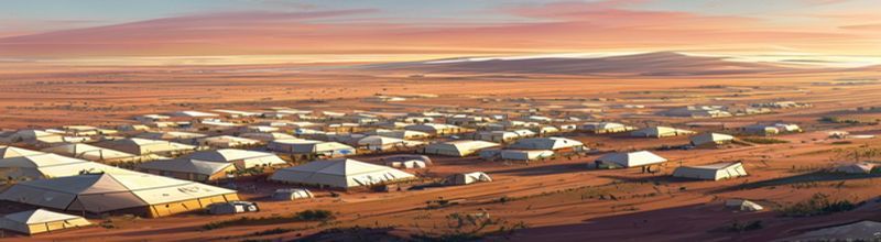 Panoramic aerial view of a sprawling refugee camp in a dusty northern Syrian valley at dawn, long rows of white canvas tents stretching across the terrain to the horizon, narrow gravel lanes between them, water tanks on metal stands, low red-earth hills in the distance, sparse pale-green scrub, warm early light