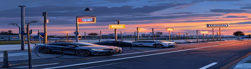 Panoramic view of a UK motorway service area at blue-hour dusk, three rows of electric-car charging bays with black cables coiled on white pedestals, orange-tinged streetlamps overhead, silver steel stanchions, a distant signpost on the motorway embankment, a single parked saloon car near the edge of frame