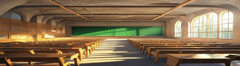 Panoramic view of an empty university lecture hall in late afternoon light, rows of wooden tiered bench seating, a long green chalkboard spanning the front wall still dusted with faint chalk marks, a single wooden lectern at centre left, tall arched windows on the right casting long golden shafts across the floor