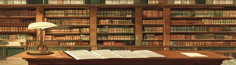 Panoramic view of a research library reading room with long rows of clinical journals lined on oak shelves, a single open binder of clinical trial protocols on a desk with a lamp, an empty clinical-trials.gov printout on paper with highlighted rows, warm afternoon light through tall windows, muted tan and green tones