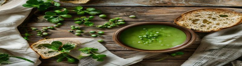 A wide white shallow bowl of vivid bright-green pea and mint soup on a pale linen cloth, a swirl of crme frache on the surface, a scatter of fresh mint leaves and pea shoots, a wooden spoon resting beside it