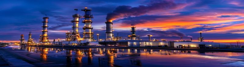 Panoramic wide shot of a UK oil refinery at dusk with silver distillation columns and tall cracking towers lit by amber industrial lights, clouds of steam rising against a deep indigo sky, flare stack burning orange in the distance, rows of white storage tanks in the foreground, wet asphalt reflecting the lights