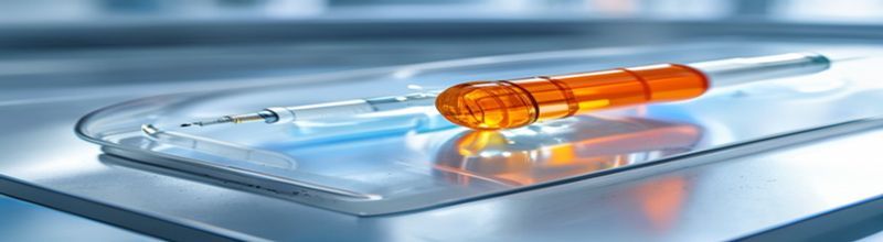 Panoramic close-up studio photograph of a single glass pharmaceutical vial filled with clear liquid on a polished stainless steel laboratory tray, soft directional studio light, sterile white syringe with orange cap beside it, shallow depth of field with blurred pale blue background, crisp clinical look