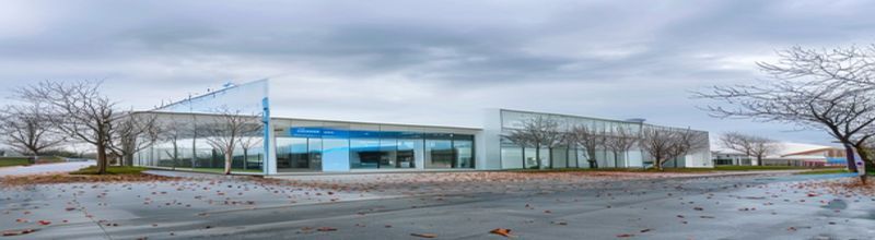 Panoramic view of the quiet exterior of a modern Irish HSE public health clinic in pale concrete and glass with a large blue directional wayfinding sign, empty glass-doored entrance under overcast grey-white sky, bare beech trees at the edge of the tarmac car park, wet leaves on the ground, soft morning light