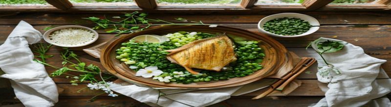 A wide oval wooden serving platter on rustic timber boards, a piece of golden seared cod resting on a bed of bright crushed peas with edible flowers, a small white ceramic ramekin of pale herb sauce to one side, a separate dish of fresh peas, lemon wedge and scattered wild herbs around the platter, soft daylight from a window above