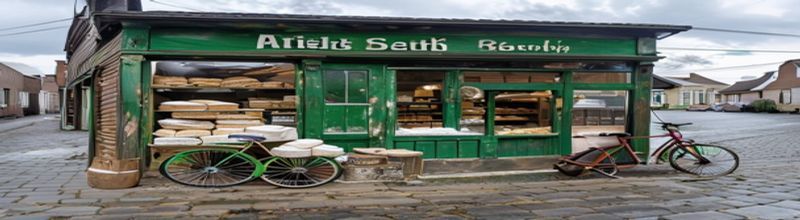 Panoramic view of a single small Irish town main-street shopfront of a family bakery with hand-painted green and gold signage, stacked brown wooden crates of flour and baking trays visible through the window, a bicycle leaning on the kerb, wet granite paving stones, soft overcast morning light
