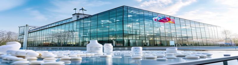 Panoramic view of a modern European pharmaceutical regulatory building with glass facade and EU flag on a pole, laboratory glassware and blister packs of pills arranged on a clean steel table in the foreground, cool natural daylight through frosted windows, no people no faces no hands