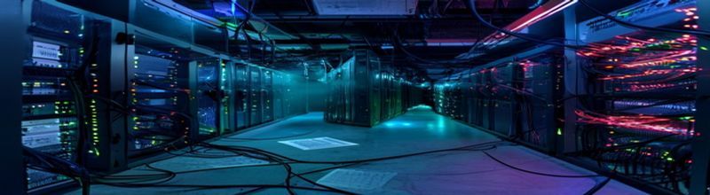 Panoramic view of a dim server room corridor with rows of network switches and black SOHO routers stacked on metal shelves, tangled ethernet cables, blinking green and red LEDs creating a scattered constellation of light, haze of cool blue light, a printed advisory document lying on the concrete floor, no people no faces no hands