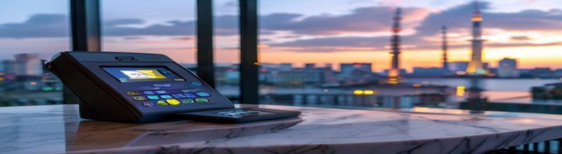 Panoramic view of a contactless payment terminal on a marble caf&eacute; counter with a glowing euro symbol on its small screen, a smartphone tapped beside it, the Frankfurt skyline and the illuminated ECB Eurotower visible through a large window in soft early-evening light, no people no faces no hands