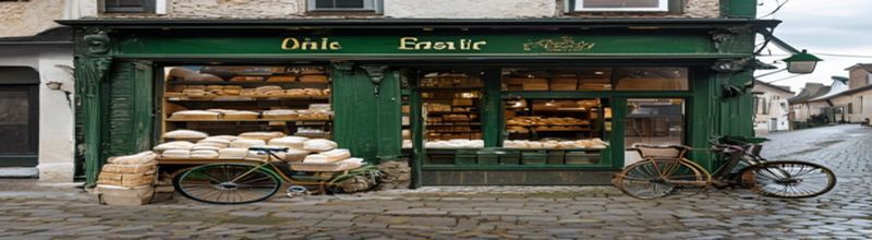 Panoramic view of a single small Irish town main-street shopfront of a family bakery with hand-painted green and gold signage, stacked brown wooden crates of flour and baking trays visible through the window, a bicycle leaning on the kerb, wet granite paving stones, soft overcast morning light, no people no faces no hands