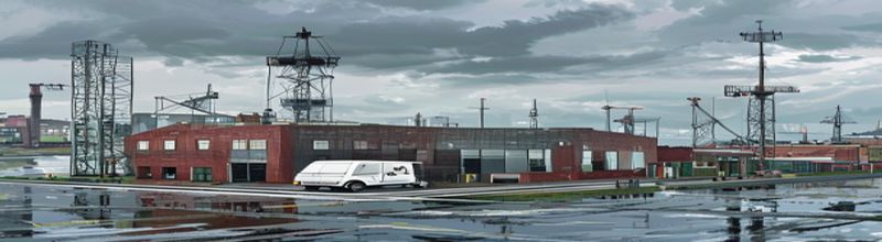 Panoramic view of a red-brick industrial research park in Belfast on an overcast day, large rectangular facility with tall aluminium-clad cleanroom block, loading bay with a white unmarked van parked, a radar dome on the roof and telecommunications mast, cranes and shipyard gantries visible in the distant Belfast harbour, wet tarmac, green and grey tones, no people no faces no hands