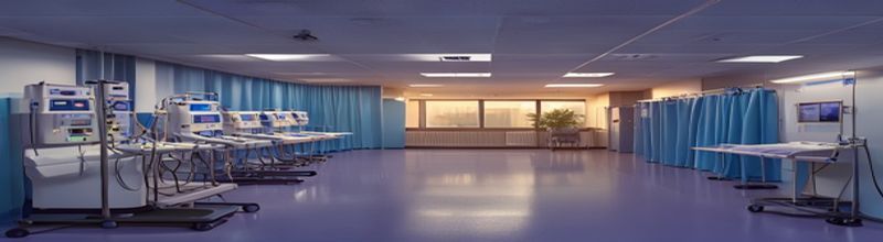 Panoramic interior view of an empty hospital dialysis ward at dusk, six dialysis machines lined along a wall with their pumps and filter cartridges visible, IV stands beside each station, low warm light from one window at the end of the ward, blue privacy curtains pulled back, no people no faces no hands