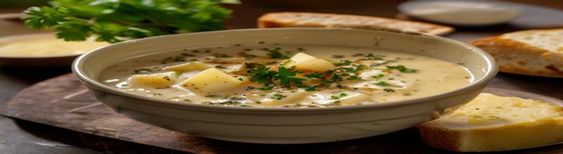 A deep cream-coloured ceramic bowl of pale-yellow smoked haddock chowder set on a dark wooden table, flakes of golden smoked fish and chunks of buttery potato visible in the broth, a generous scatter of finely chopped flat-leaf parsley across the top, a thick slice of brown soda bread and a small wedge of salted Irish butter on a side plate, soft late-morning kitchen light from the left, no people no faces no hands