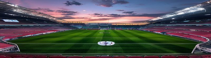 Panoramic interior view of a large modern European football stadium at dusk before kick-off, the empty tiered red seating bowl curving around the pitch, floodlights blazing onto a perfectly striped green grass pitch, large white goal nets at both ends, painted white penalty boxes and centre circle, a giant LED scoreboard showing UEFA Champions League branding, soft pink and indigo dusk sky over the upper deck, no people no faces no hands