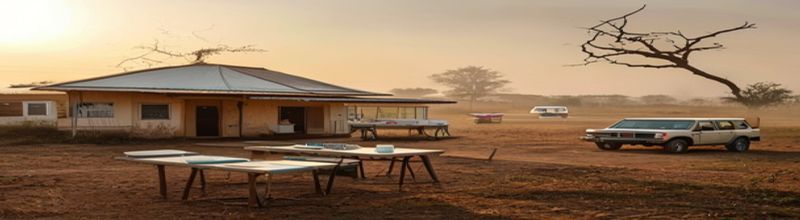 Panoramic view of a rural African health-clinic outdoor vaccination station at golden-hour, a small white-washed clinic building with a corrugated tin roof and a hand-painted sign, neat folding tables outside set with cool boxes, vials in trays and an open record book, a battered Land Cruiser parked under a thorn tree in the background, dust haze on the horizon, no people no faces no hands