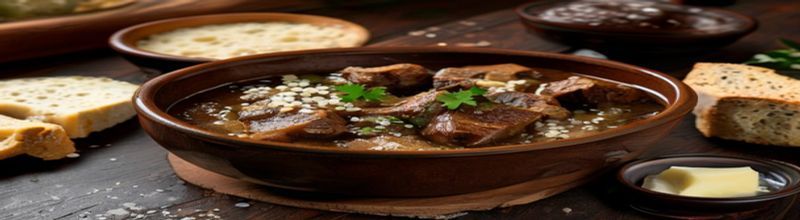 Panoramic view of a deep brown earthenware bowl of traditional Irish lamb stew on a dark wooden table, chunks of slow-cooked lamb shoulder visible alongside floury potato pieces and pearl barley in a glossy brown gravy, a small sprig of flat-leaf parsley scattered on top, a thick wedge of brown soda bread and a small dish of salted Irish butter on a side plate, soft late-afternoon kitchen light from the left, no people no faces no hands