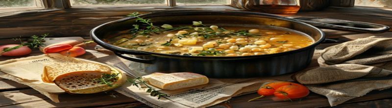 Panoramic view of a deep brown earthenware bowl of traditional Irish lamb stew on a dark wooden table, chunks of slow-cooked lamb shoulder visible alongside floury potato pieces and pearl barley in a glossy brown gravy, a small sprig of flat-leaf parsley scattered on top, a thick wedge of brown soda bread and a small dish of salted Irish butter on a side plate, soft late-afternoon kitchen light from the left, no people no faces no hands