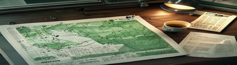 Panoramic view of an Irish county map laid flat on a government office desk with pins marking regional data points, a printed statistical bulletin open beside it showing tables of confidence intervals, a mug of tea and a reading lamp casting warm light, muted green and grey palette, no people no faces no hands