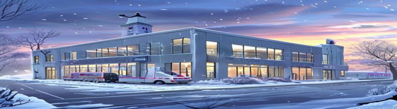 Panoramic view of a modern Irish hospital exterior at winter dawn, empty covered ambulance bay, frost on windows, clinical building with lit interior, respiratory ward building, no people no faces no hands