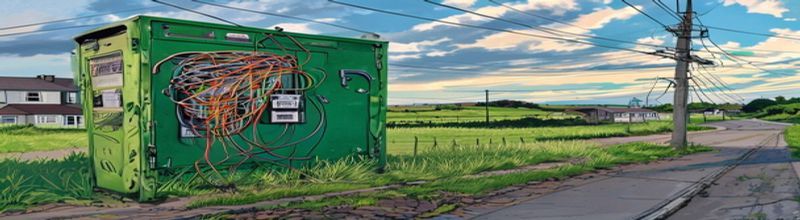 Panoramic view of fibre-optic telecommunications cabinet on a Dublin street at dawn, terraced red-brick housing in background, mobile phone mast on rooftop, soft morning light, no people no faces no hands