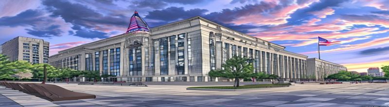 Panoramic view of US Capitol building dome at dusk with golden lights, IRS headquarters granite facade in foreground, scattered papers blowing across the National Mall, soft evening light, no people no faces no hands