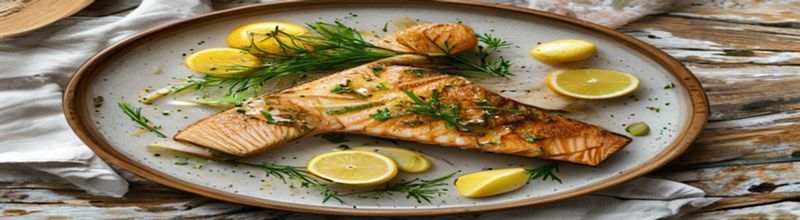 Panoramic view of a pan-fried fillet of organic Irish salmon on a warm white plate, crisp golden skin uppermost, glossy brown butter pooled around it with a scattering of capers and chopped flat-leaf parsley, a small heap of split Jersey Royal new potatoes alongside, lemon wedge cut on the bias, soft late-afternoon kitchen light from the left, no people no faces no hands